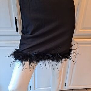 Thirty Thirty LA Black Feather-Trimmed Pencil Mini Skirt